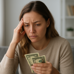 "Photo of a thoughtful young woman holding euro banknotes, symbolizing financial anxiety and money dysmorphia."