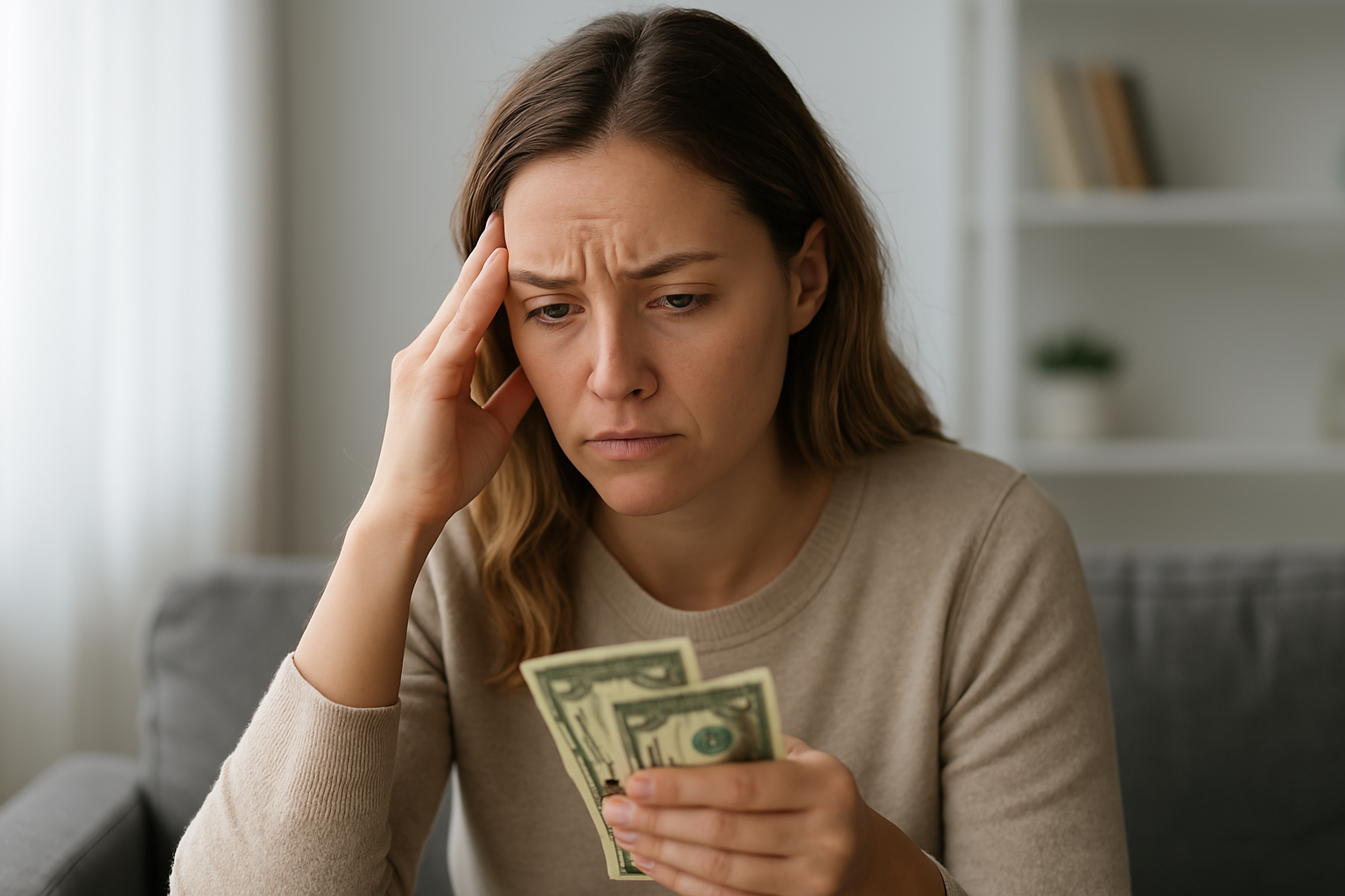 "Photo of a thoughtful young woman holding euro banknotes, symbolizing financial anxiety and money dysmorphia."